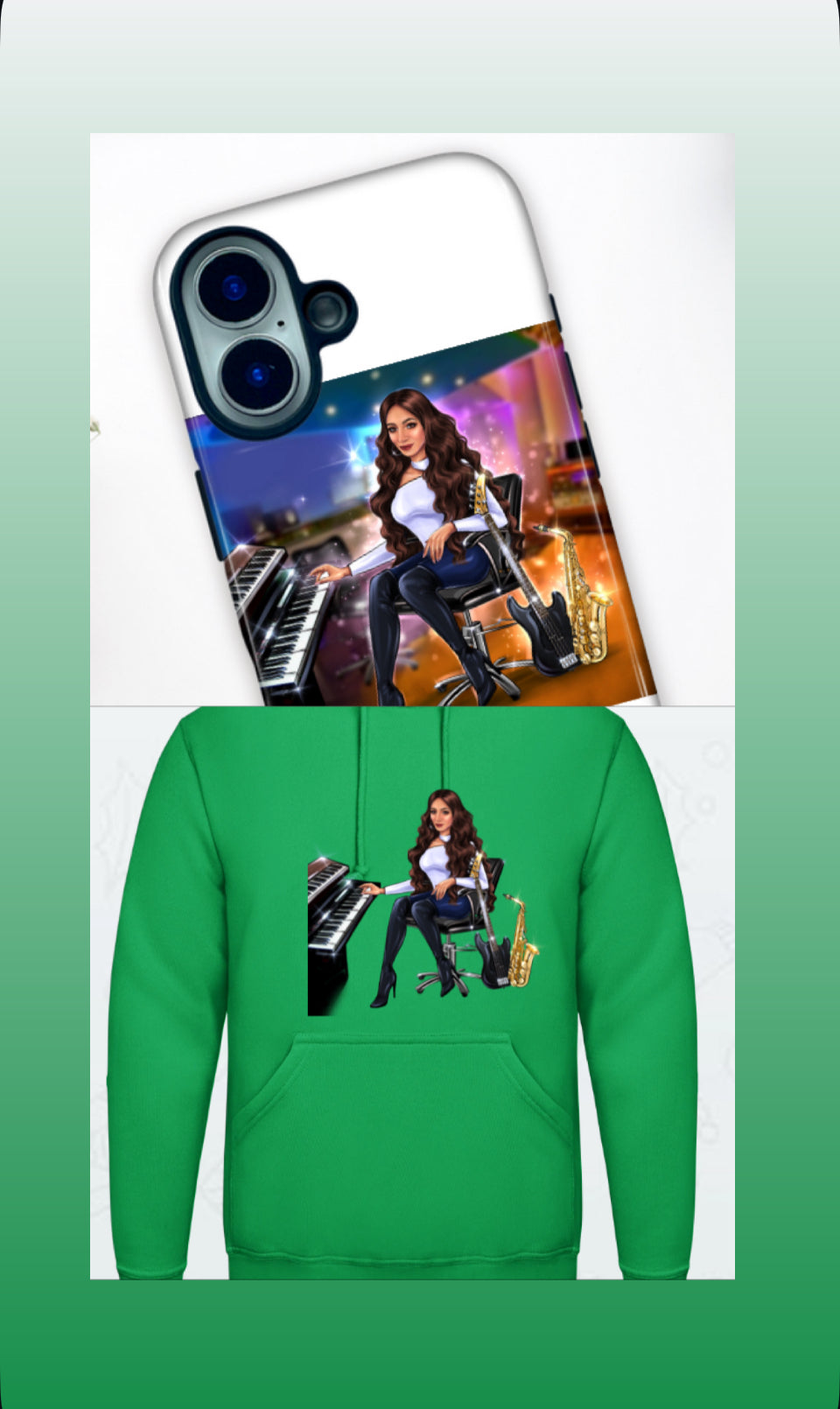 Bundle: Handyhülle (iPhone 16) & Hoodie (grün) - Musiker Merchandise Shop