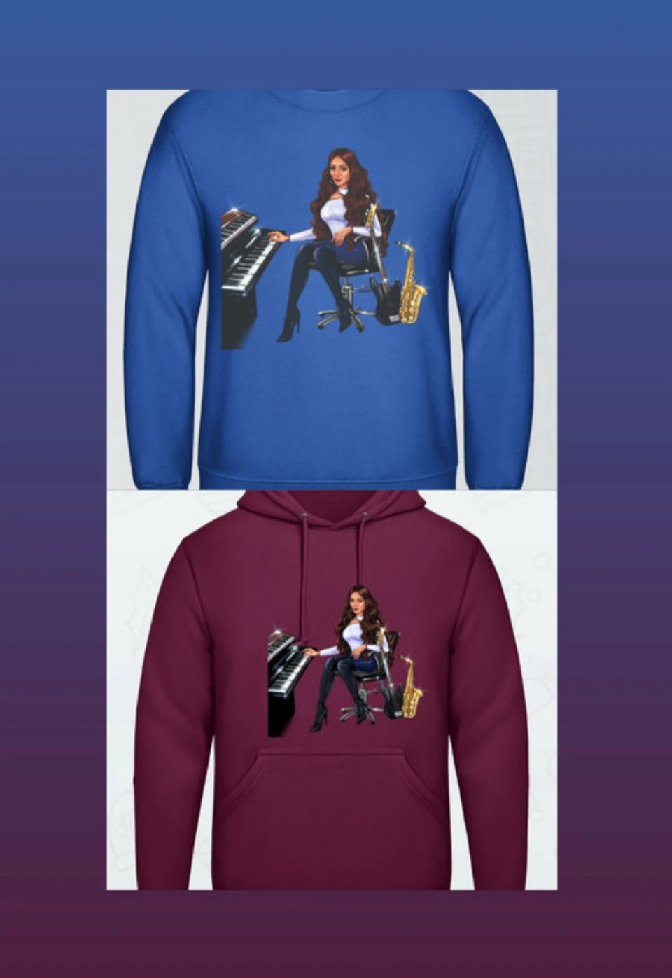 Bundle: Pullover (blau) & Hoodie (burgunderrot) - Musiker Merchandise Shop