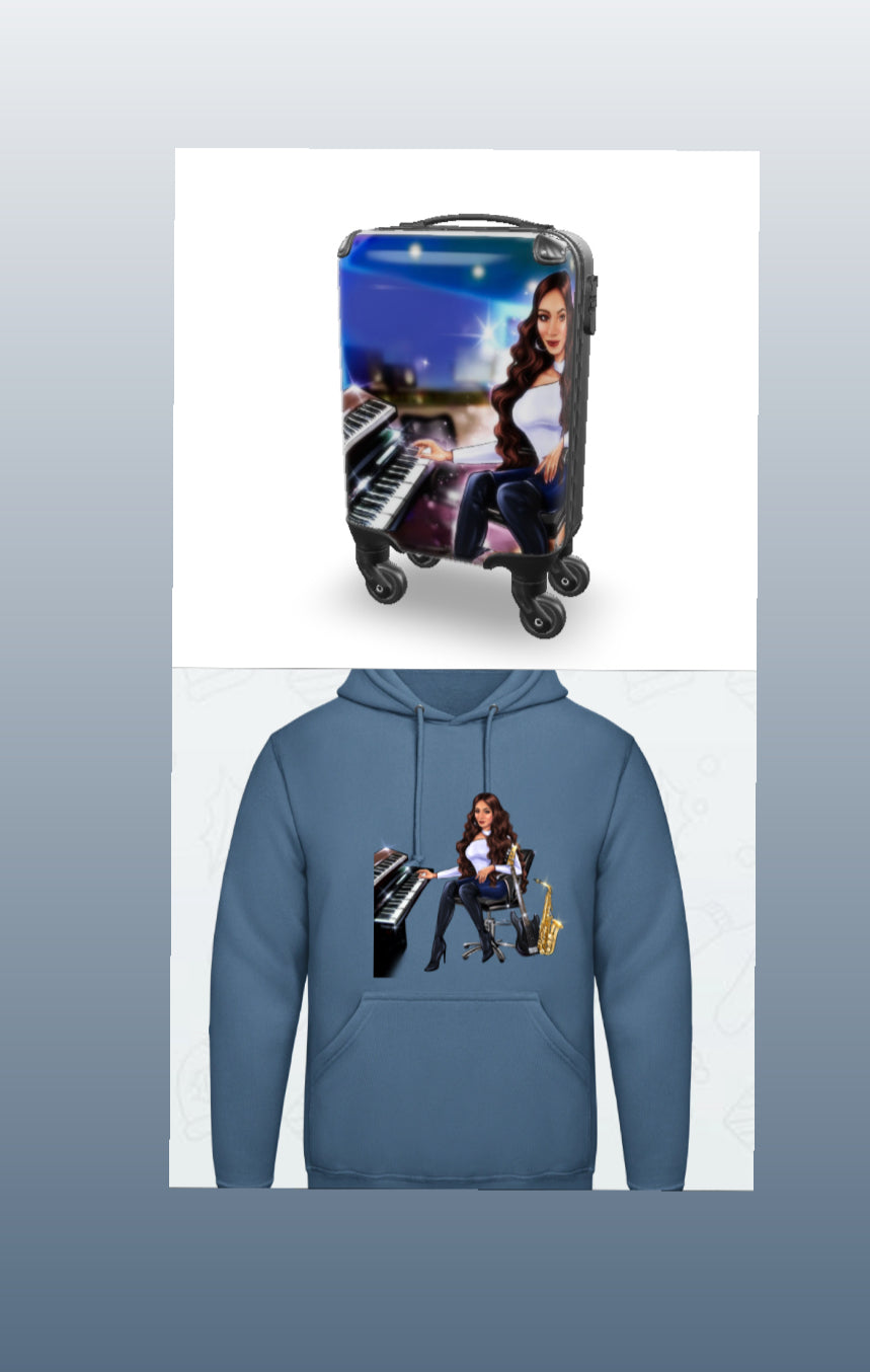 Bundle: Koffer(bunt) & Hoodie (hellblau) - Musiker Merchandise Shop