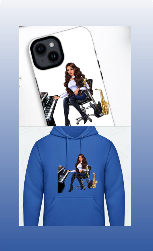 Bundle: Handyhülle (iPhone 14) & Hoodie (blau) - Musiker Merchandise Shop