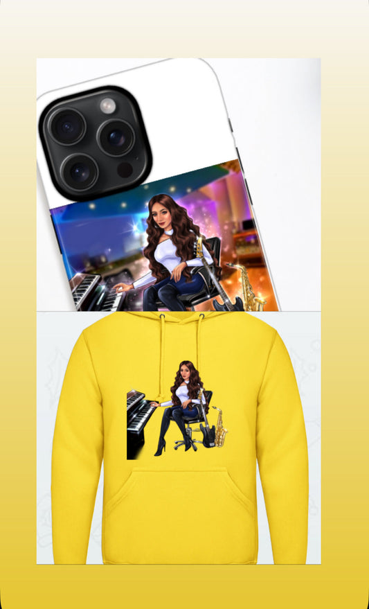 Bundle: Handyhülle (iPhone 15 Pro Max) & Hoodie (gelb) - Musiker Merchandise Shop
