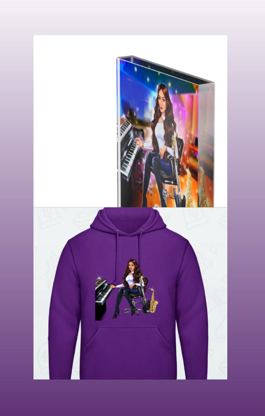 Acrylblock und Hoodie in lila für Musiker - Musiker Merchandise Shop 