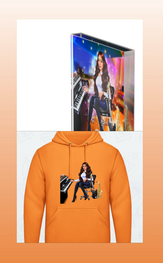 Acrylblock und Hoodie in orange für Musiker - Musiker Merchandise Shop 