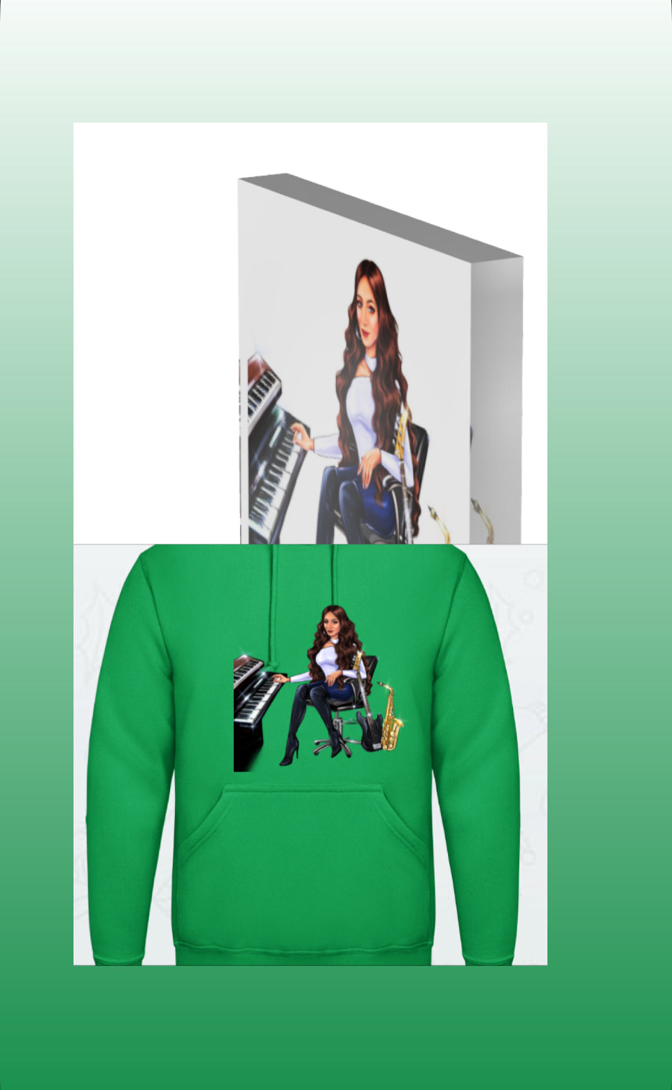 Acrylblock und Hoodie in grün für Musiker - Musiker Merchandise Shop 