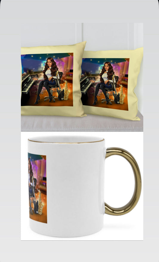Kissen in gelb und Tasse in gold für Musiker - Musiker Merchandise Shop