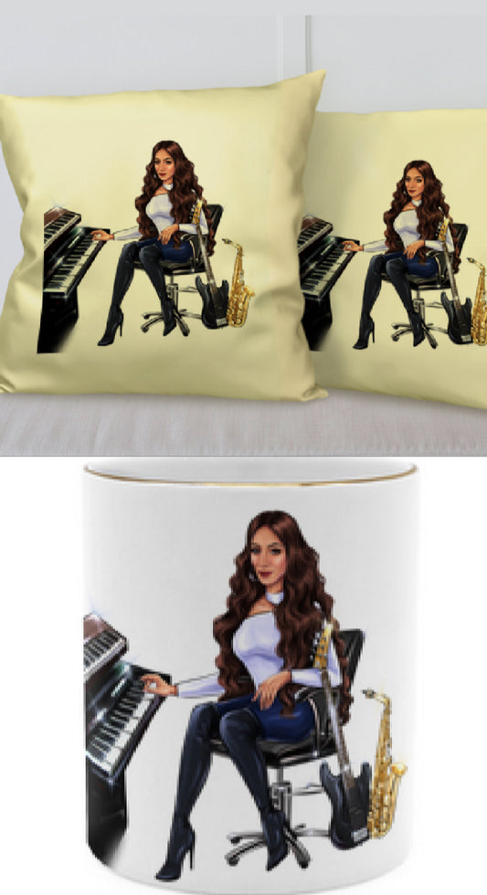 Kissen in gelb und Tasse mit Musiker Motiv in gold - Musiker Merchandise Shop 