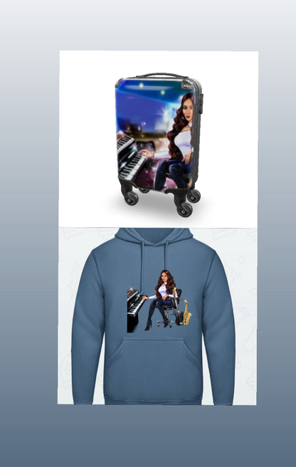Bundle: Koffer(bunt) & Hoodie (hellblau) - Musiker Merchandise Shop