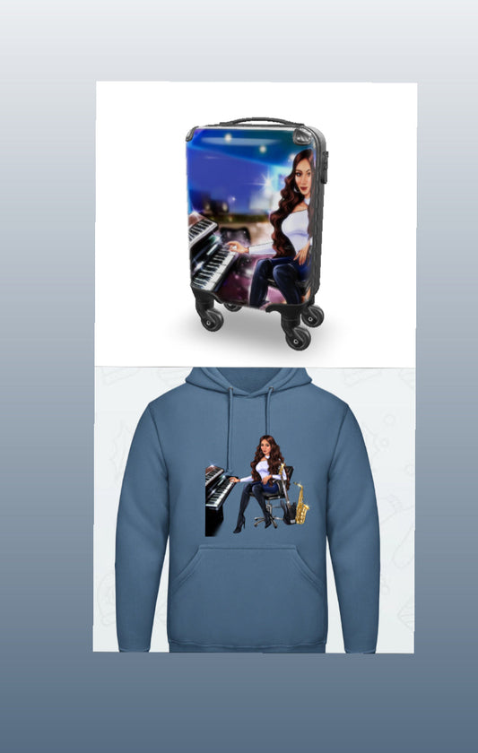 Bundle: Koffer(bunt) & Hoodie (hellblau) - Musiker Merchandise Shop