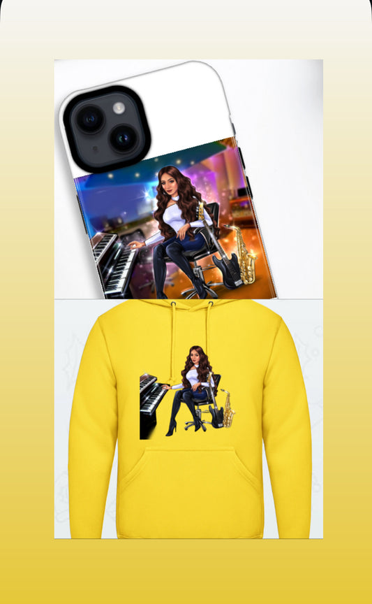 Bundle: Handyhülle (iPhone 14) & Hoodie (gelb) - Musiker Merchandise Shop