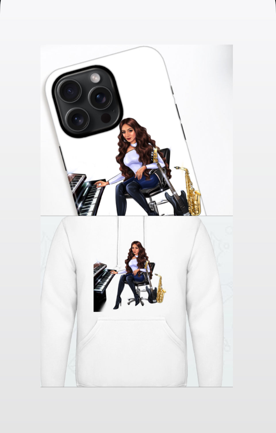 Bundle: Handyhülle (iPhone 15 Pro Max) & Hoodie (weiß) - Musiker Merchandise Shop
