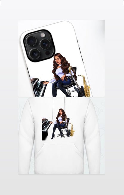 Bundle: Handyhülle (iPhone 15 Pro Max) & Hoodie (weiß) - Musiker Merchandise Shop