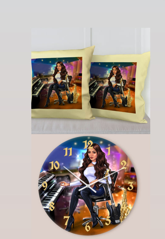 Bundle: Kissen (gelb) & Wanduhr - Musiker Merchandise Shop