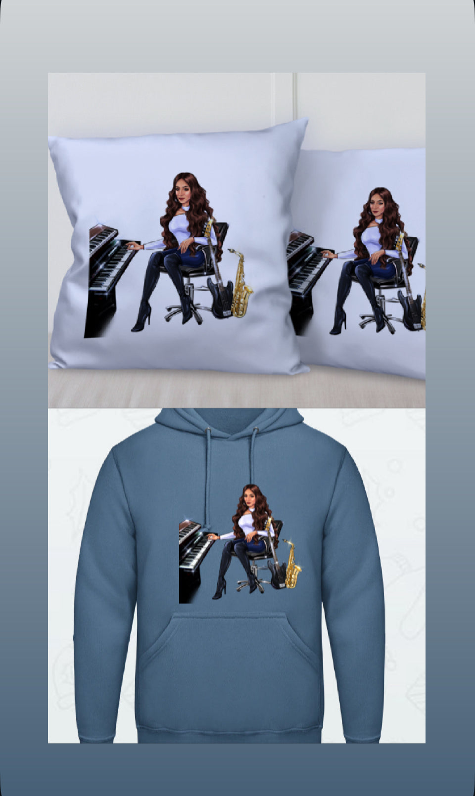 Kissen und Hoodie in blau für Musiker - Musiker Merchandise Shop