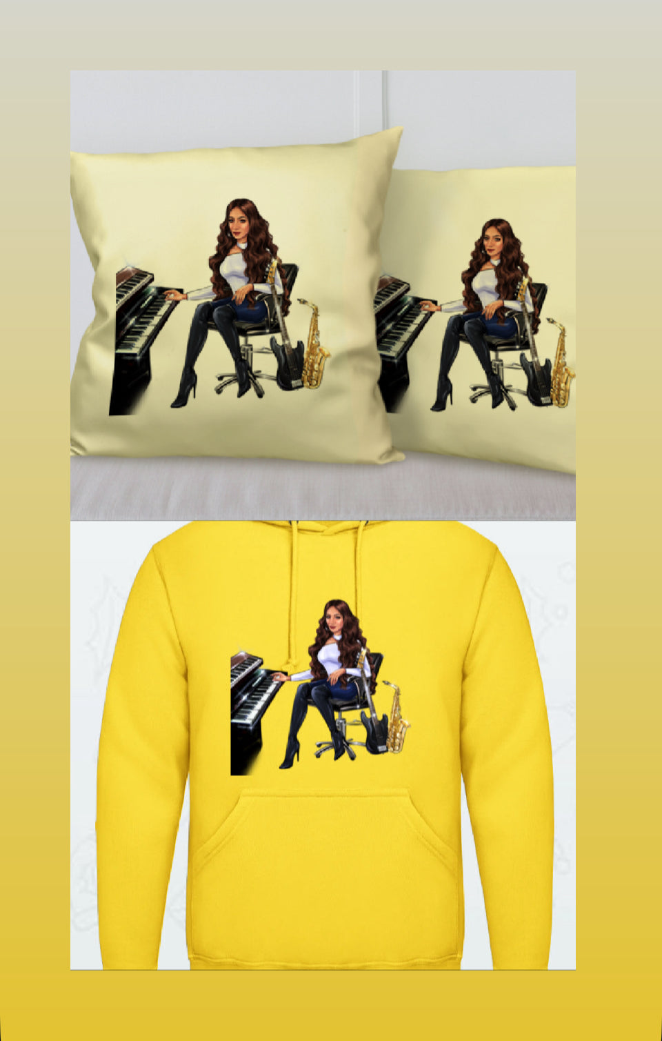 Kissen und Hoodie in gelb für Musiker - Musiker Merchandise Shop