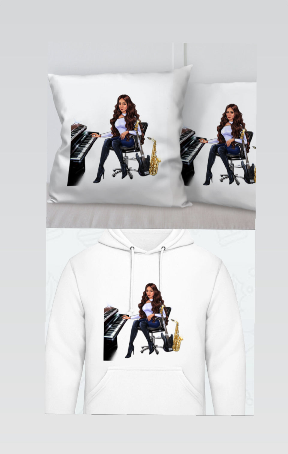 Kissen und Hoodie in weiß für Musiker - Musiker Merchandise Shop 