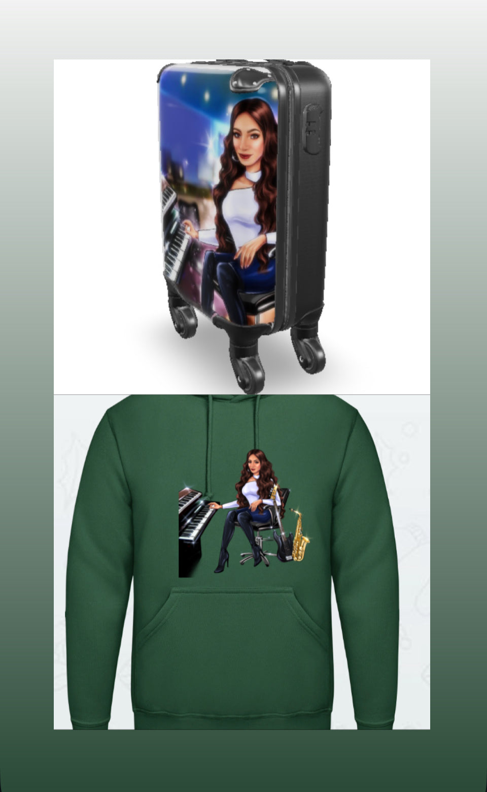 Koffer und Hoodie in dunkelgrün für Musiker - Musiker Merchandise Shop