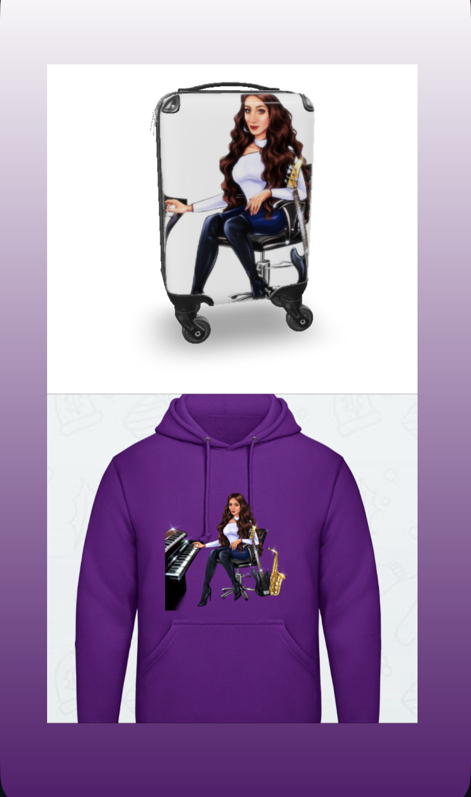 Koffer und Hoodie in lila für Musiker - Musiker Merchandise Shop 