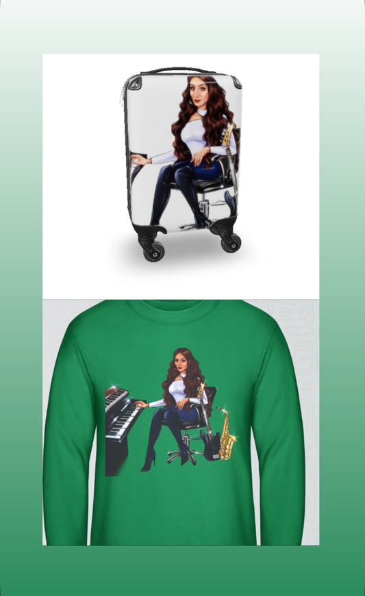 Koffer und Pullover in grün für Musiker - Musiker Merchandise Shop