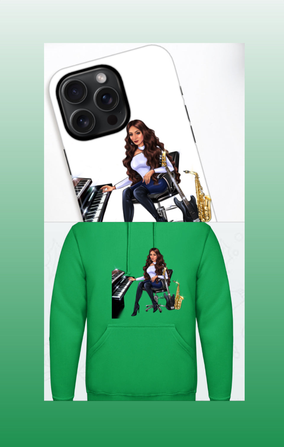 Bundle: Handyhülle (iPhone 15 Pro Max) & Hoodie (grün) - Musiker Merchandise Shop