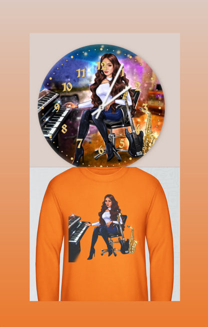 Wanduhr und Pullover in orange für Musiker - Musiker Merchandise Shop 