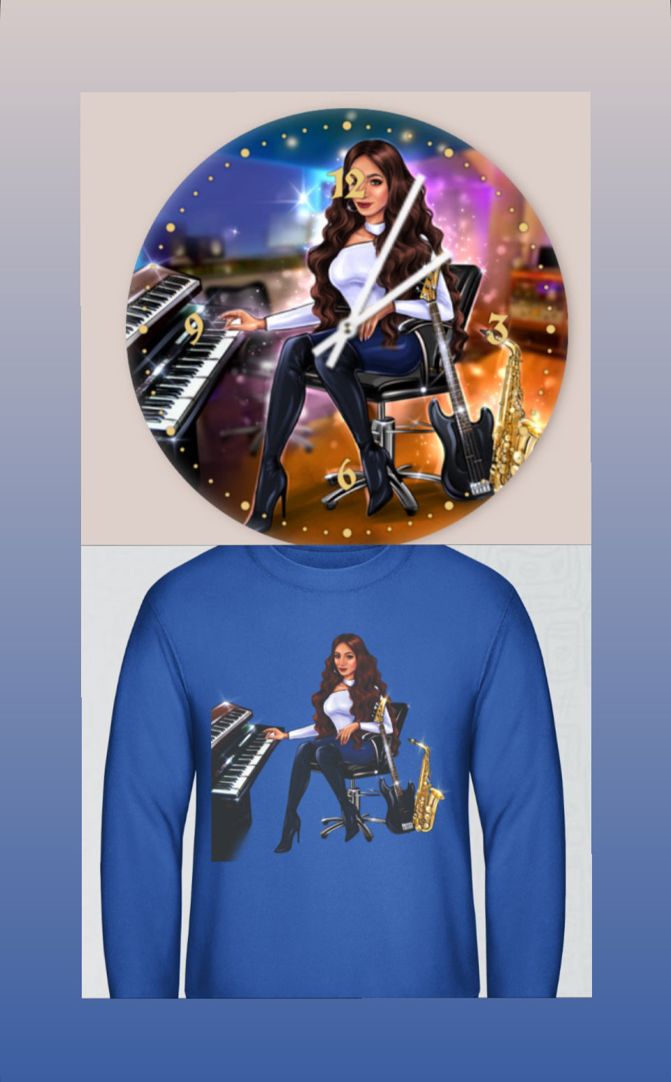 Bundle: Pullover in blau und Wanduhr für Musiker  - Musiker Merchandise Shop