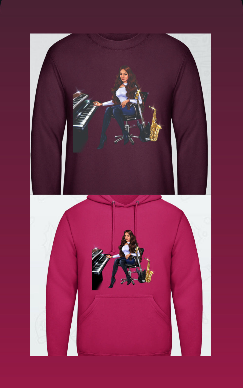 Pullover in burgunderrot und Hoodie in pink für Musiker - Musiker Merchandise Shop 