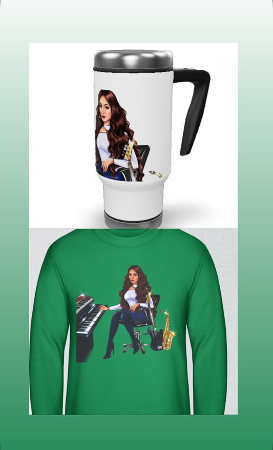 Thermobecher und Hoodie in grün für Musiker - Musiker Merchandise Shop 