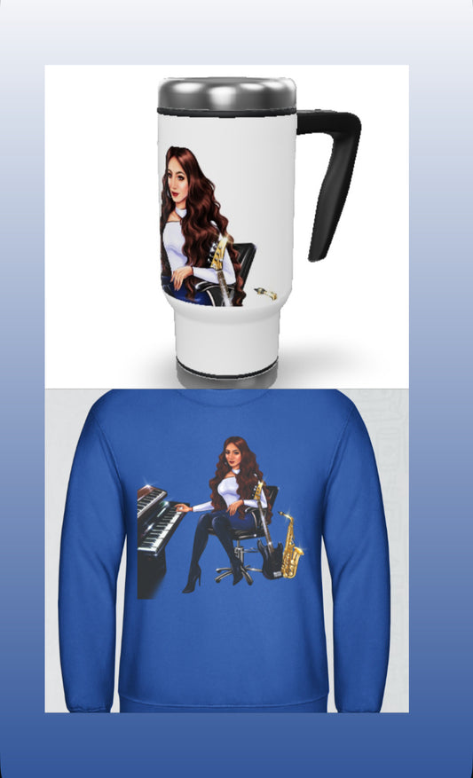 Thermobecher und Pullover in blau für Musiker - Musiker Merchandise Shop