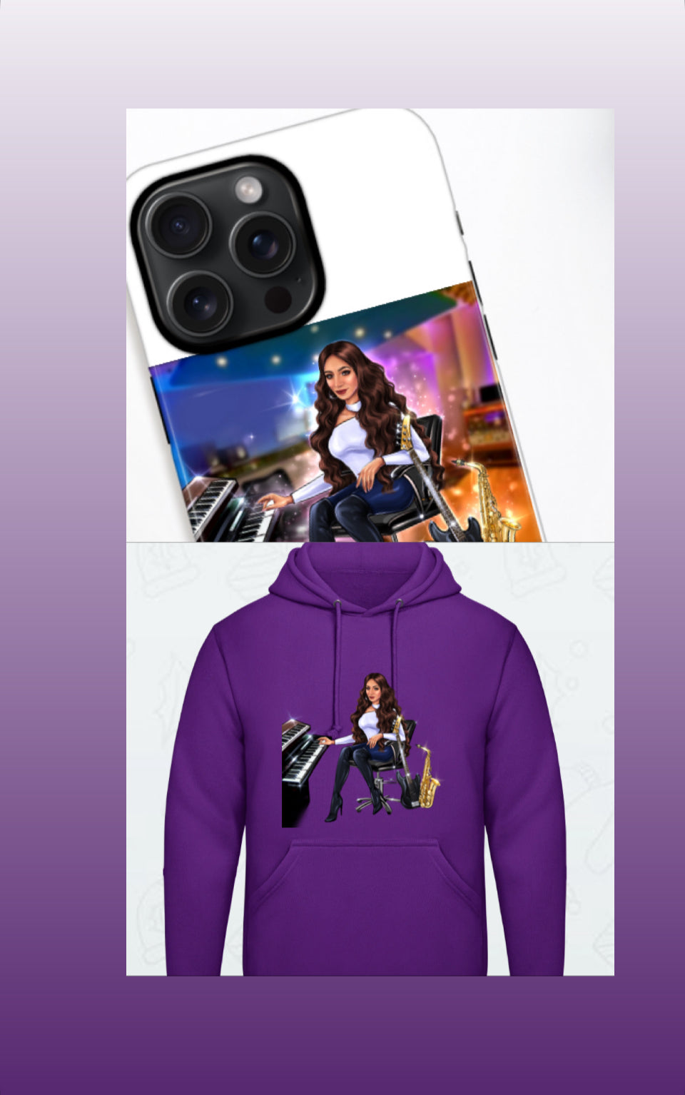 Bundle: Handyhülle (iPhone 15 Pro Max) & Hoodie (lila) - Musiker Merchandise Shop