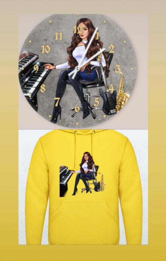 Bundle: Wanduhr & Hoodie (gelb) - Musiker Merchandise Shop
