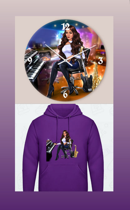 Wanduhr und Hoodie in lila für Musiker - Musiker Merchandise Shop 