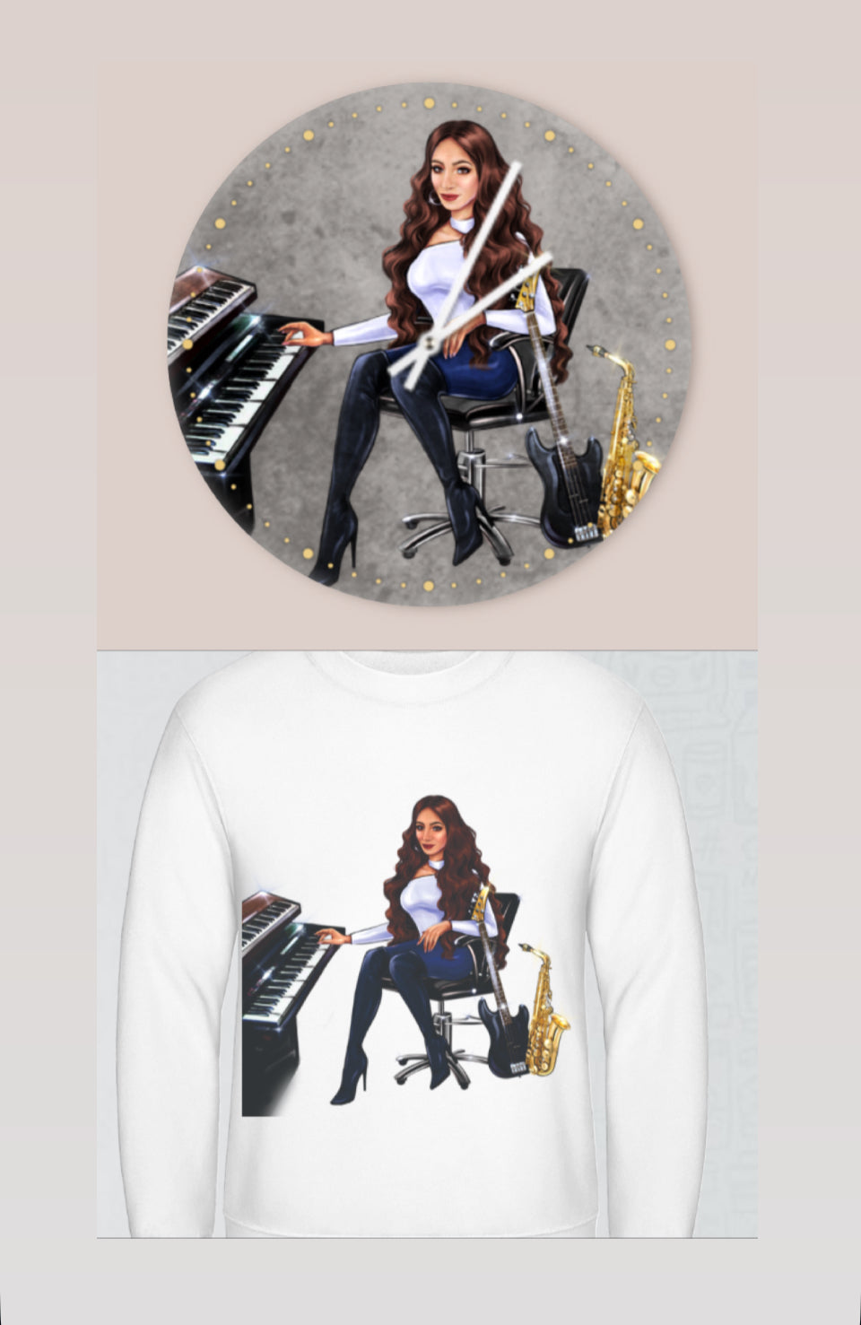 Wanduhr und Pullover in weiß für Musiker - Musiker Merchandise Shop 